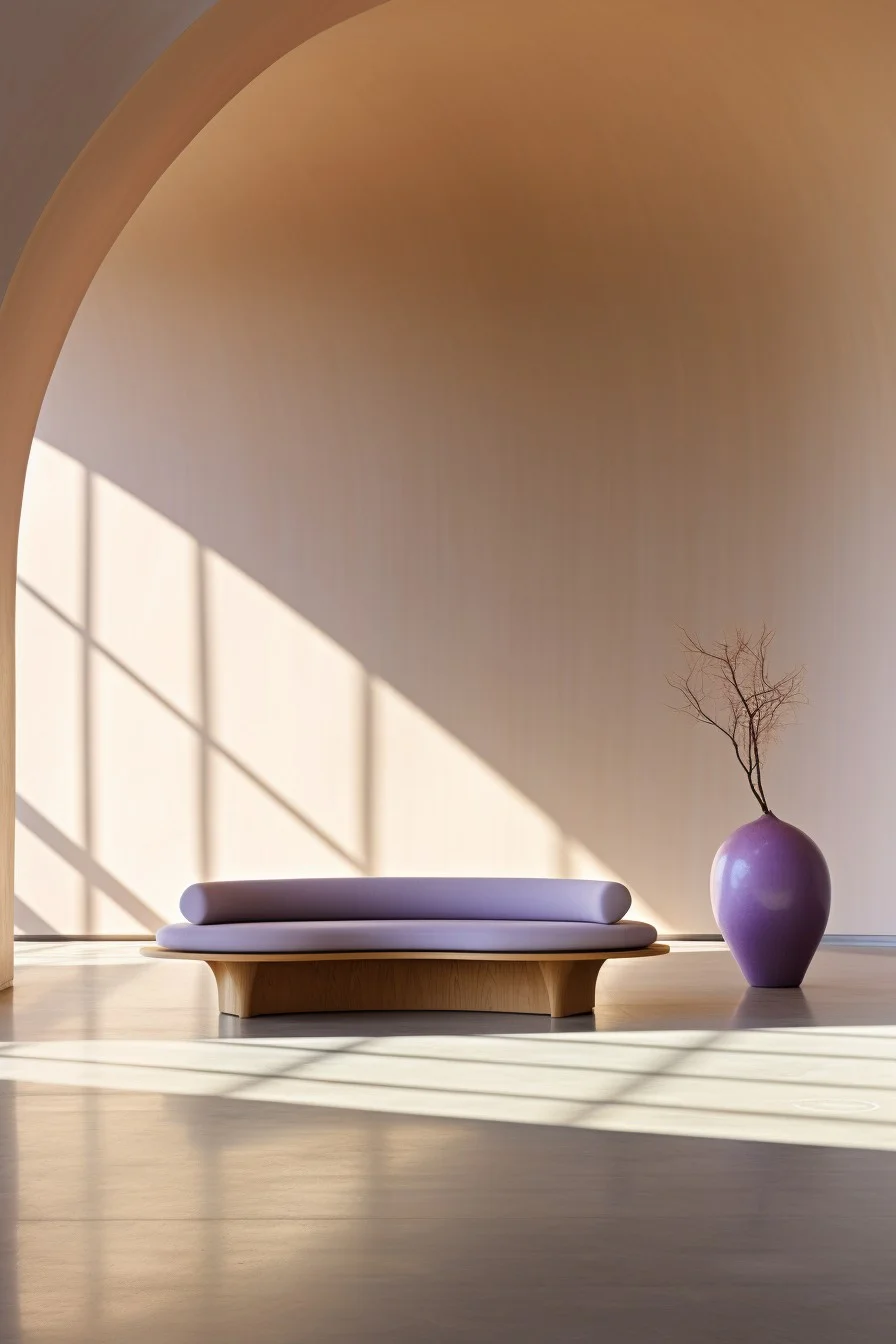 Embrace Bench in wood and linen fabric, studio view